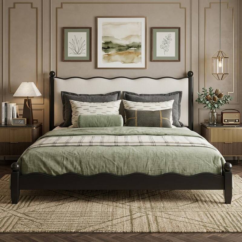 Wood Platform Bed with Upholstered Headboard by Harper&Bright Designs - Black - King