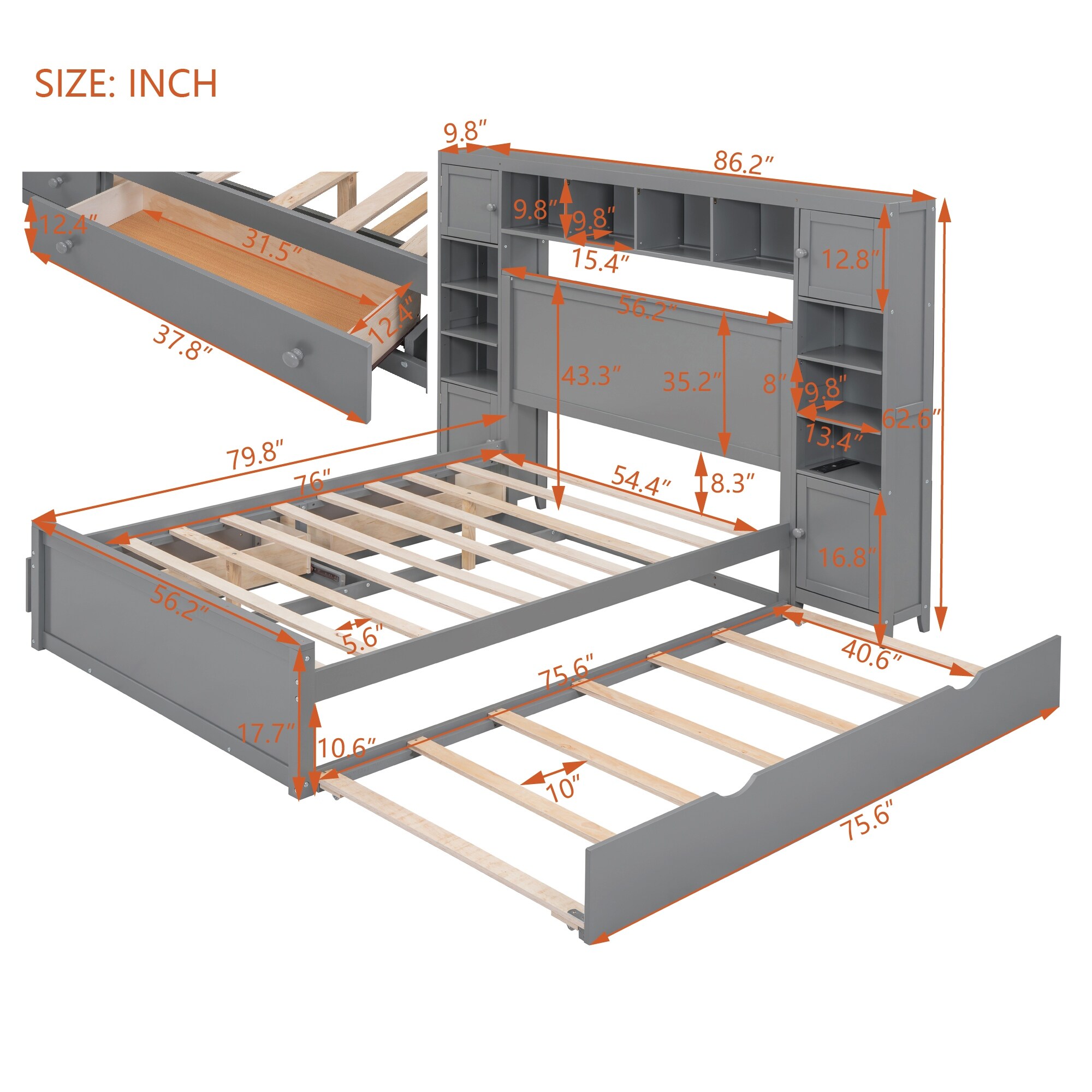 Wooden Bed With All-in-One Cabinet, Shelf and Trundle
