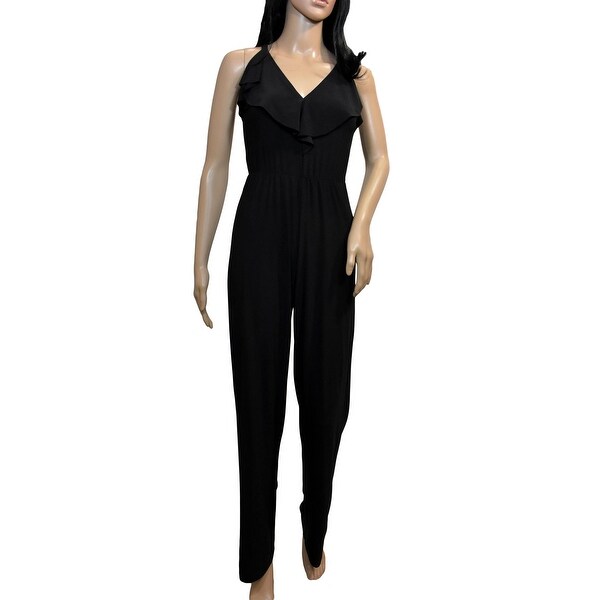 Bebe Black Ruffle Jumpsuit. Opens flyout.