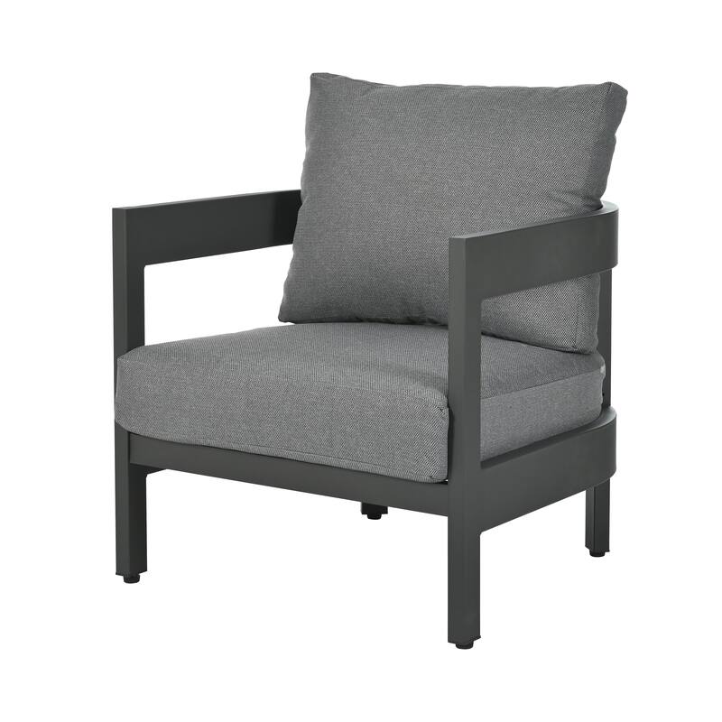 Iron Outdoor Seating Set with Thick Cushion Chairs, Plastic Wood Table