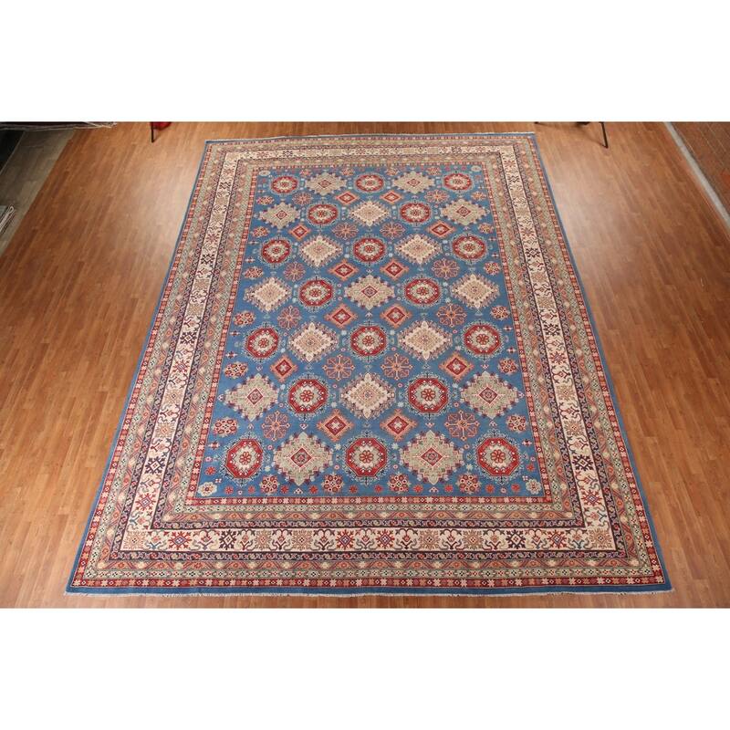 Vegetable Dye Blue Kazak Oriental Large Area Rug Handmade Wool Carpet - 12'8" x 16'5"