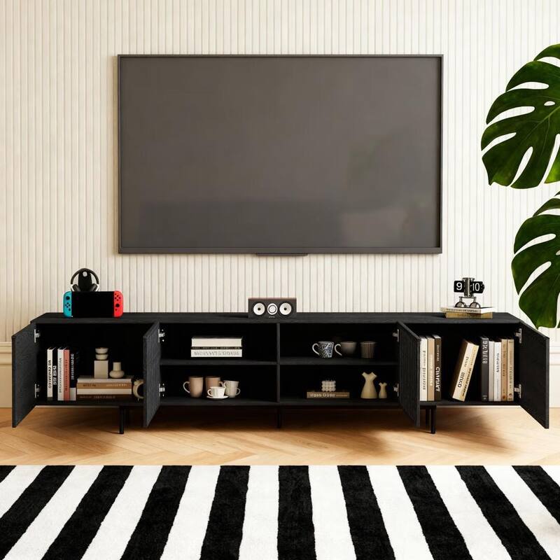 Stylish mid-century modern TV stand for up to 80" TVs. Ample storage for media devices, cable management. easy assembly.