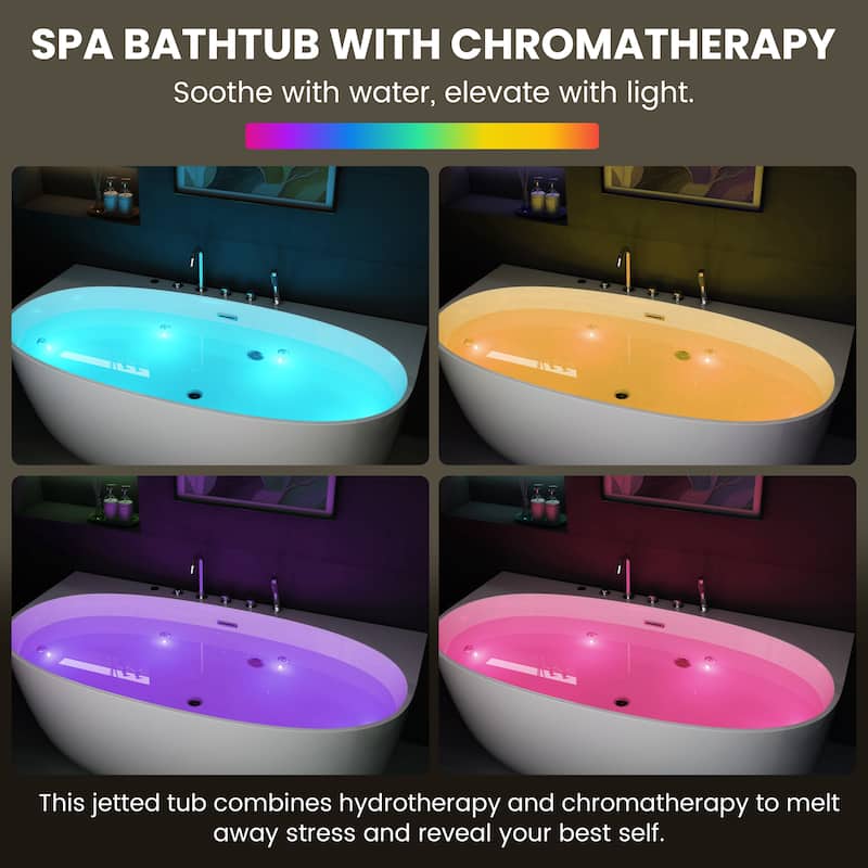 67 in. Freestanding Acrylic Whirlpool Bathtub with 6 Jets, Chromatherapy LED Lighting, 4-Hole Faucet Kit, Center Drain