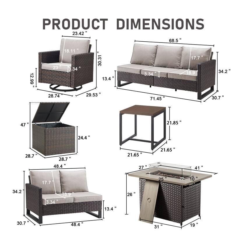 Gymojoy 6 Person All-Weather Wicker Outdoor Conversation Set Seating Group With Fire Pit Table