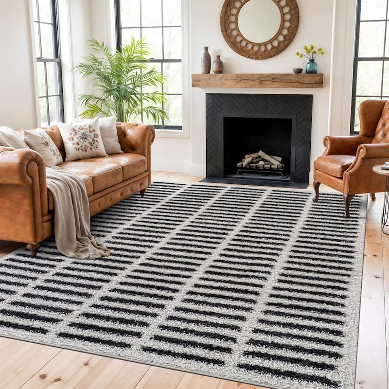 Bohemian Stripe Lines Shag Rug - Textured Surface - Anthracite Dark Gray - Easy to Clean - White - 7' 10" x 10'