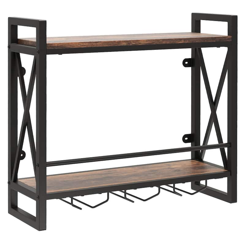 Costway Wall Mounted Wine Rack with 2-Tier Shelves 3 Glass Holders - See Details
