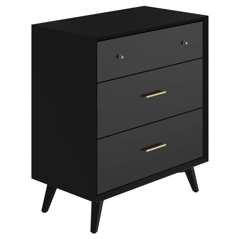 Alpine Furniture Flynn Mid Century Modern 3 Drawer Small Chest, Black