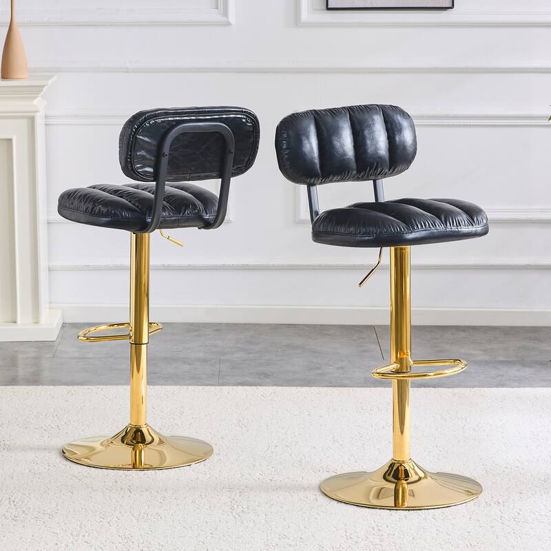 Set of 2 Adjustable Height Bar Stools, Black PU Leather with Gold Metal Base & Footrest