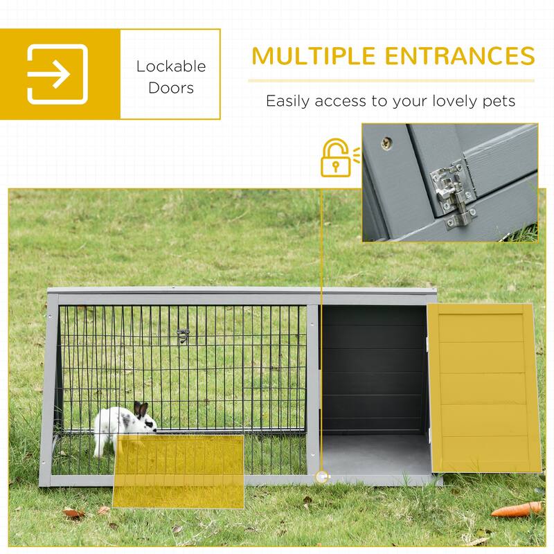 Grey Wooden Pet House with Indoor Sleeping Area & Outdoor Run, Triangular Weatherproof Design - 45.75" L x 24.5" W x 20.75" H