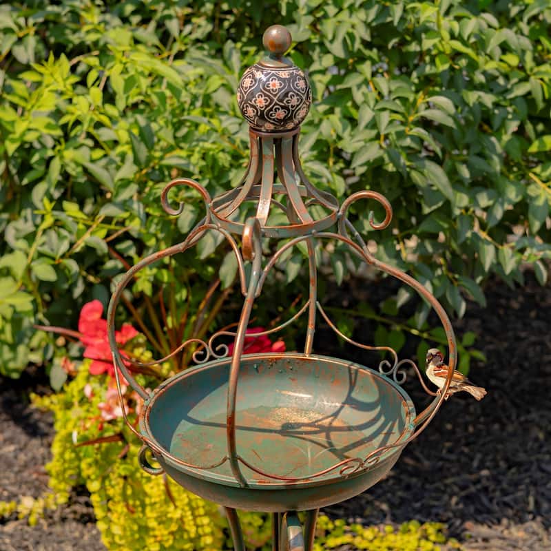 45 Inch Tall Standing Bronze Iron Birdbath with Ceramic Sailor Ball - 14.57x14.57x44.88