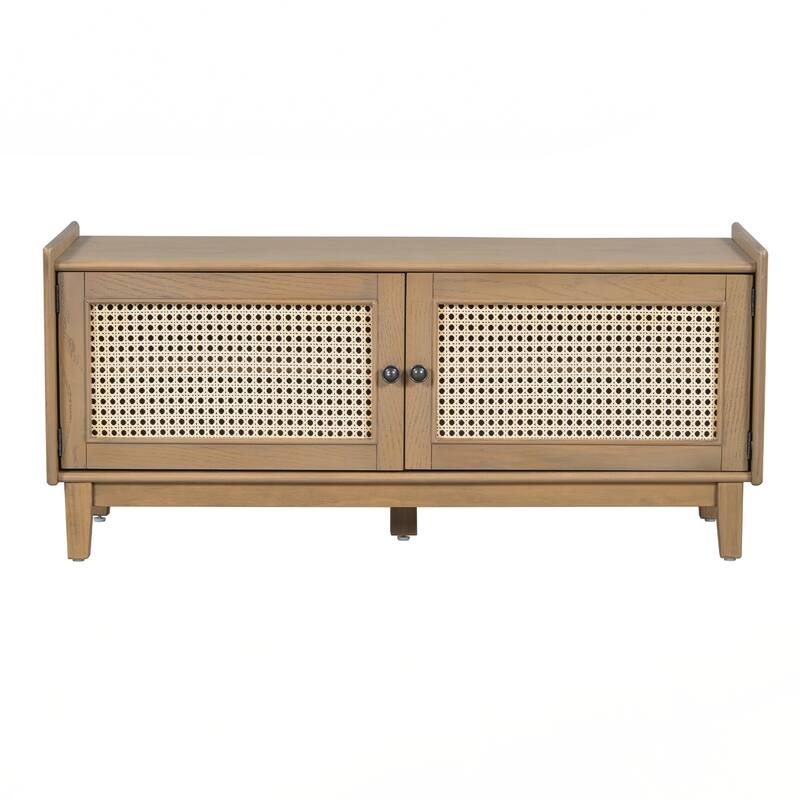 Rattan Entryway Bench with Storage, Cushioned Shoe Bench with Double Doors
