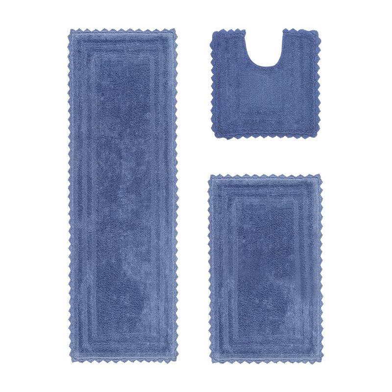 Better Trends Bath Rugs Set 100% Cotton Soft & Water Absorbent Tufted Bathroom Rug for Shower, Sink Bath Mats Lilly Crochet - 3 Piece Set (20" x 20" | 21" x 34" | 20" x 60") - Blue