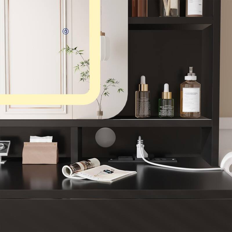 Vanity Desk with LED Mirror and Stool, Drawers, Storage Shelves, Charging Station