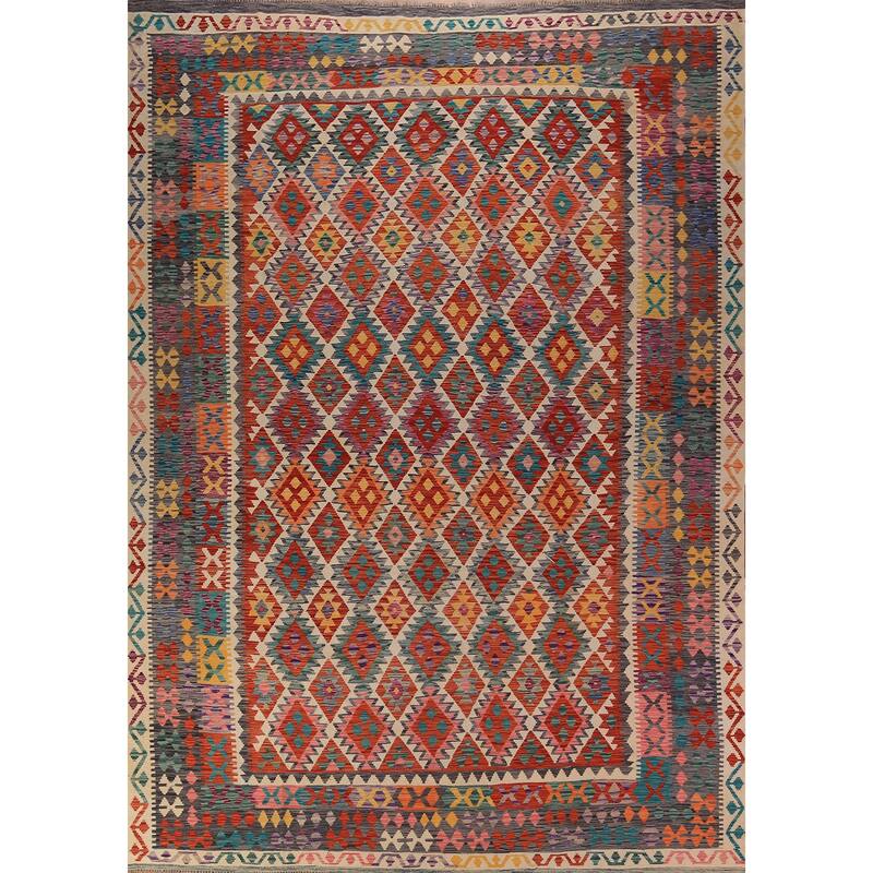 South Western Kilim Oriental Area Rug Flatweave Geometric Wool Carpet - 10'2" x 13'4"