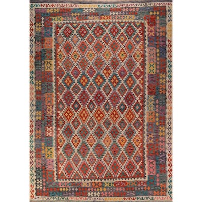 South Western Kilim Oriental Area Rug Flatweave Geometric Wool Carpet - 10'2" x 13'4"