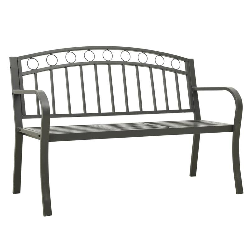 Garden Bench, Gray Powder-Coated Steel, Central Table, 49 Inch