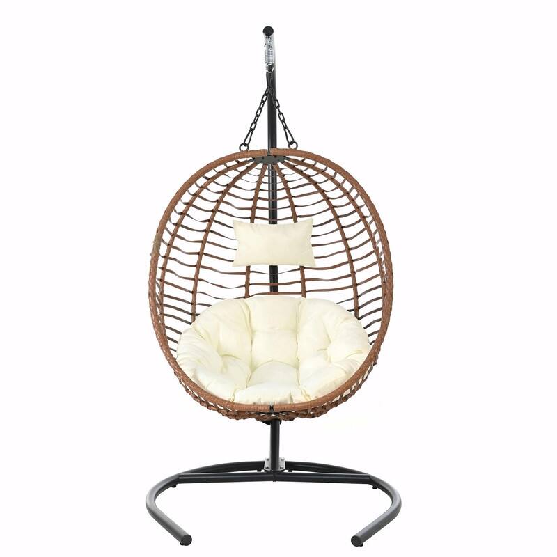 Single Person Folding Egg Chair with Stand, Indoor Outdoor Hanging Wicker Swing Chair with Adjustable Feet