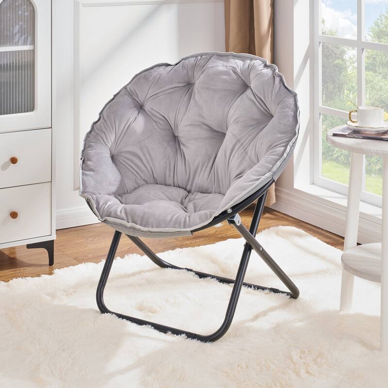 Javlergo Soft Faux Fur Saucer Shaped Comfortable Chair with Foldable Metal Frame, Cozy Chairs, Foldable chairs - Single - Grey
