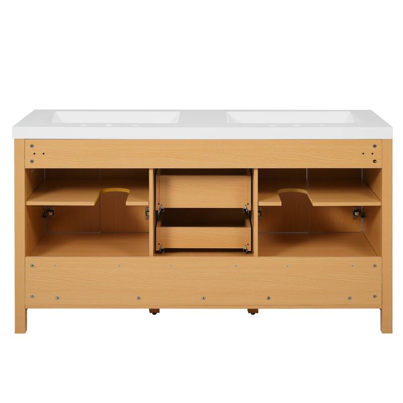 59.3" Double Sink Vanity with Solid Wood Frame, Soft-Close Doors & 5 Drawers, Black Handles