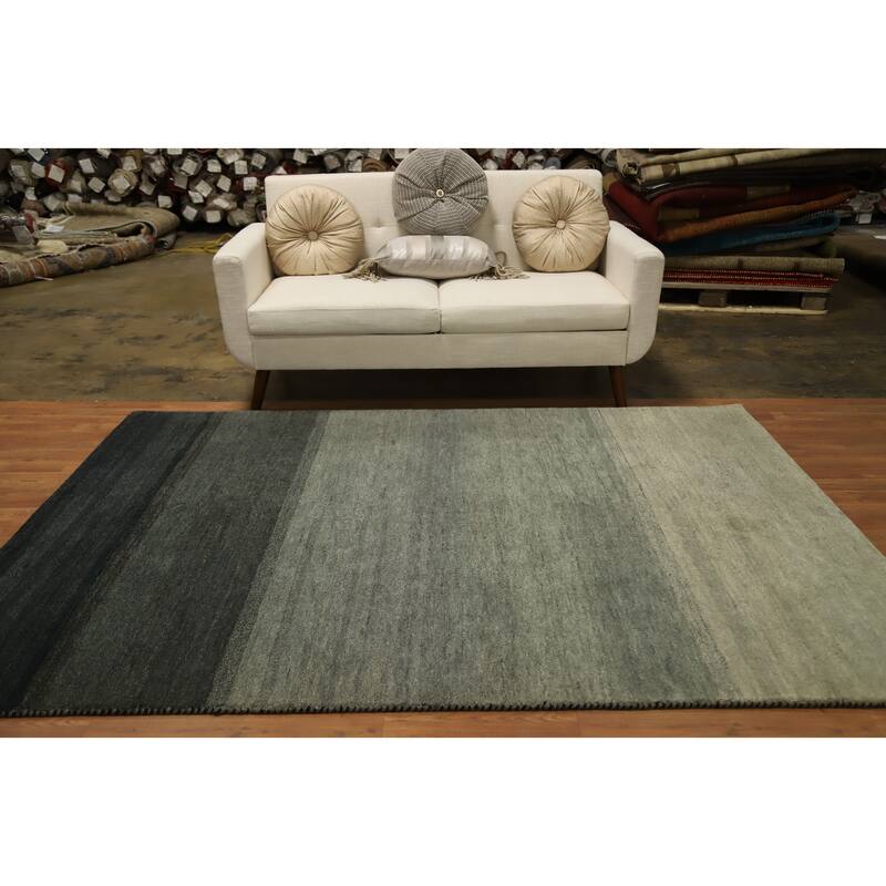 Hand Knotted Oriental 100% Wool Carpet Modern Stripe Green Gabbeh Area Rug - 7' 11'' X 7' 5''