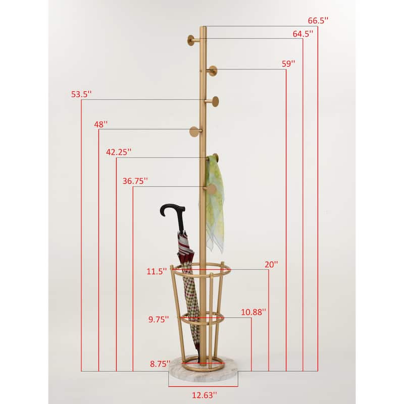 Lodi Metal Hat and Coat Stand with Marble Base and Hooks - 13"W x 13"D x 66.5"H