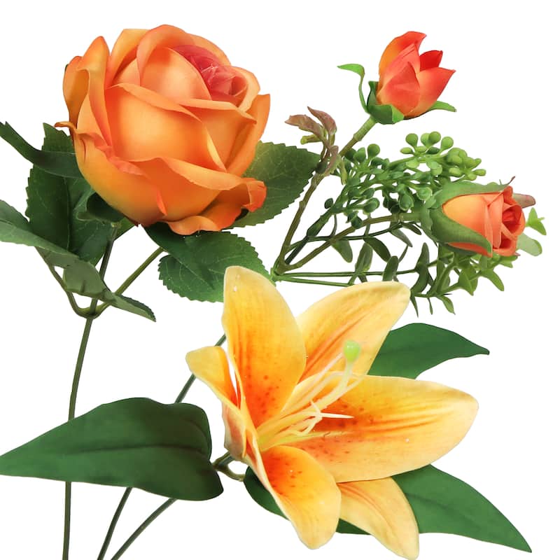 Set of 2 Orange Artificial Mixed Rose Stargazer Lily Flower Stem Bush Bouquet 18in - 18" L x 11" W x 11" DP