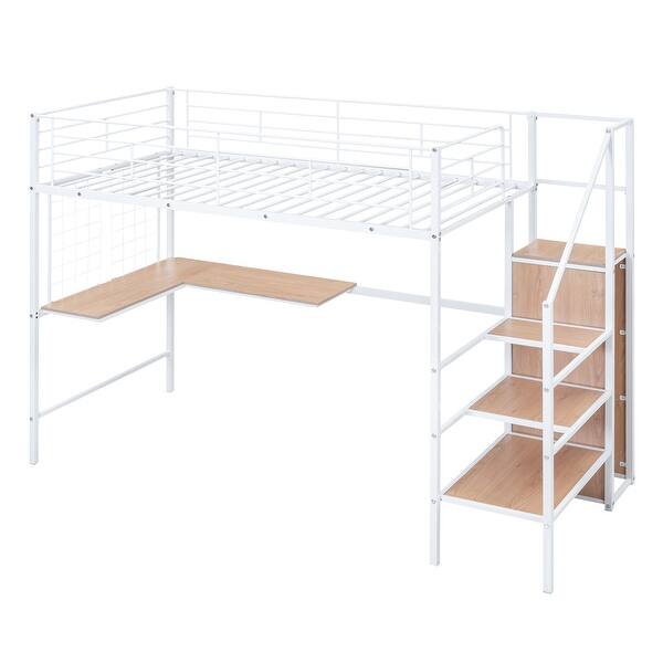 slide 2 of 14, Twin Metal Loft Bed with Desk and Metal Grid, Metal Frame Bed with Lateral Storage Ladder and Wardrobe, Under Bed Storage, White White - Twin