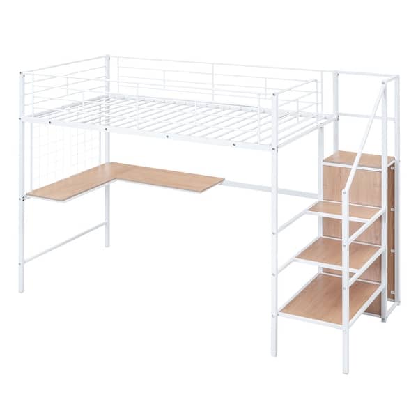 slide 2 of 9, White Twin Size Metal Loft Bed with Desk and Metal Grid, Stylish Metal Frame Bed with Lateral Storage Ladder and Wardrobe White