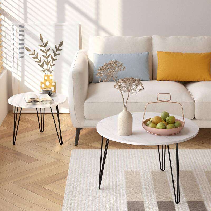 Round Nesting Table End Table White Sofa Side Table Set of 2