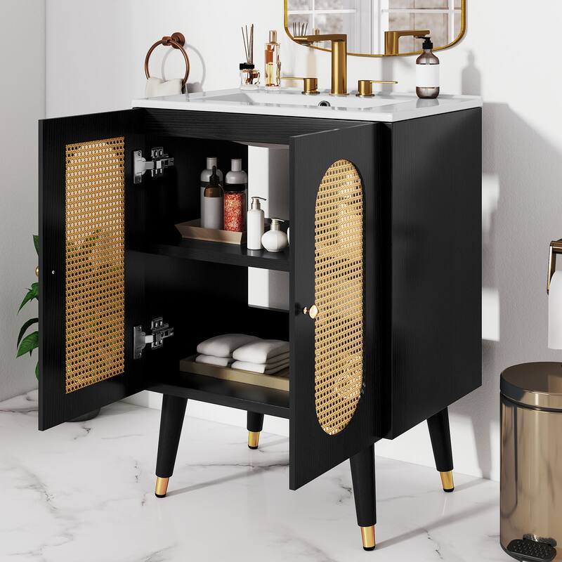 24" Rattan Boho Bathroom Vanity with Sink