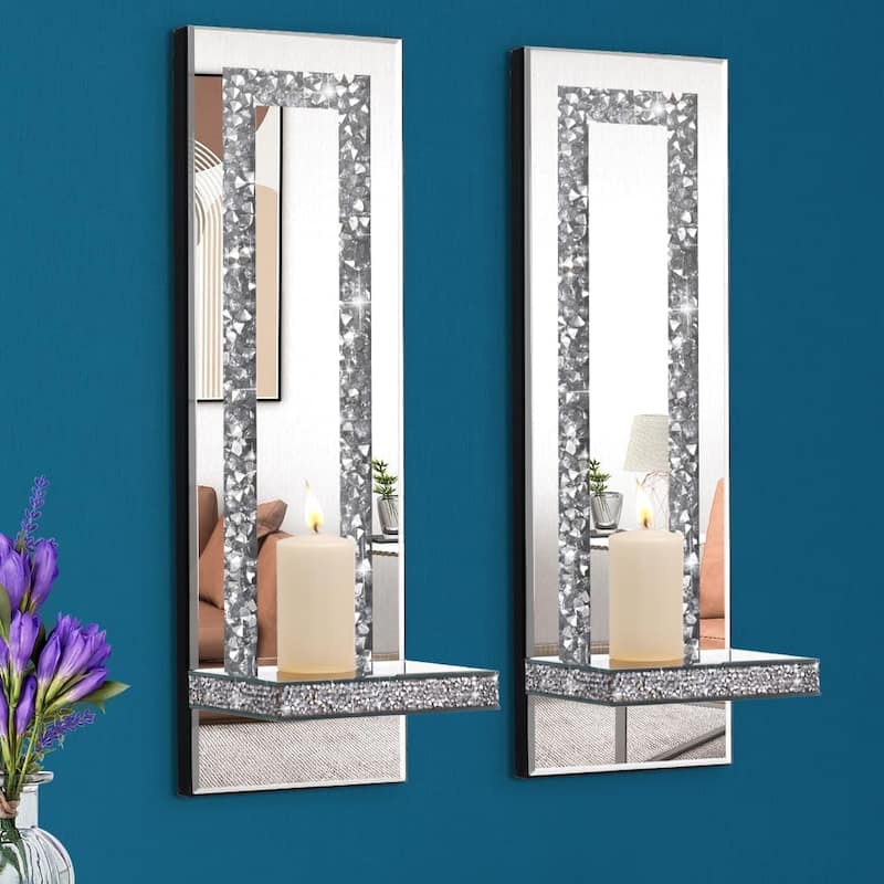 Set of 2 candle light silver wall light wood, mirror & glass decor light