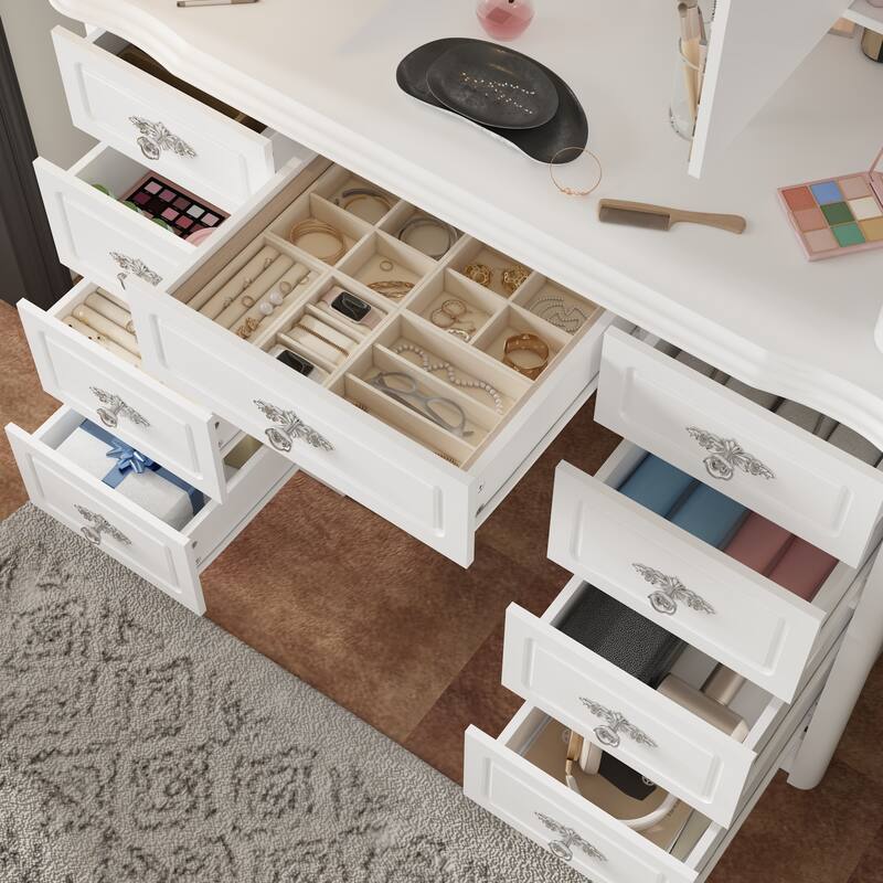White Makeup Vanity Desk with LED Mirror, 9-Drawer Vanity Table with Storage Cabinets for Bedroom