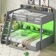 preview thumbnail 1 of 23, Twin over Full Bunk Bed with Storage Shelves, LED Light and Charging Station, Solid Wood Floor Bunk Bedframe w/a Drawer & Ladder Grey