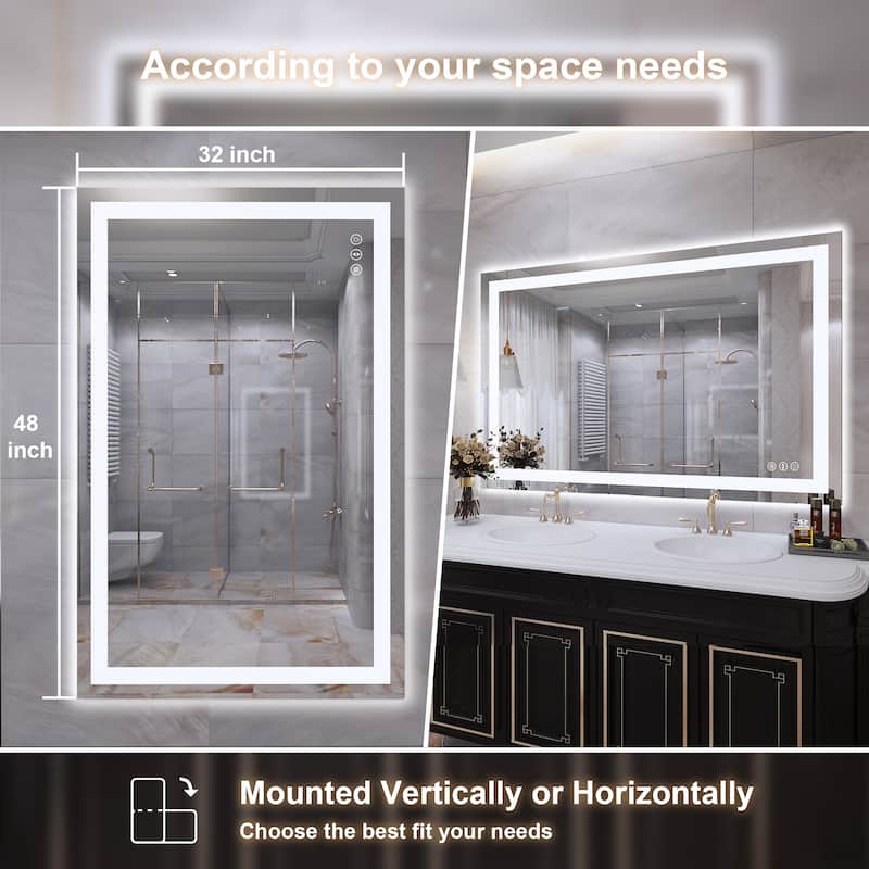 48 in. W x 32 in. H Rectangular Tempered Glass Frameless Anti-Fog Dimmable Wall Mounted Bathroom Vanity Mirror