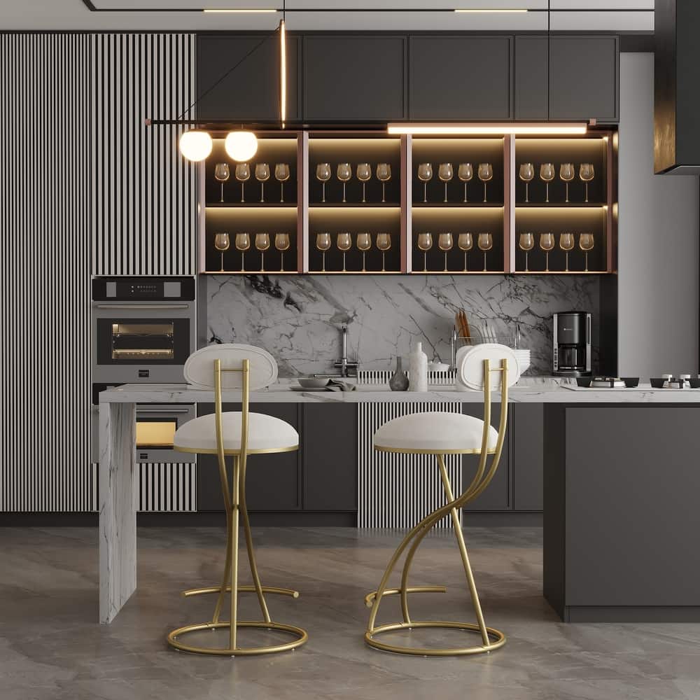 Metal Frame Round Bar Stool Set of 2, Armless Velvet Barstools w/Upholstered Back Counter Chair for Dining Room, Kitchen Island