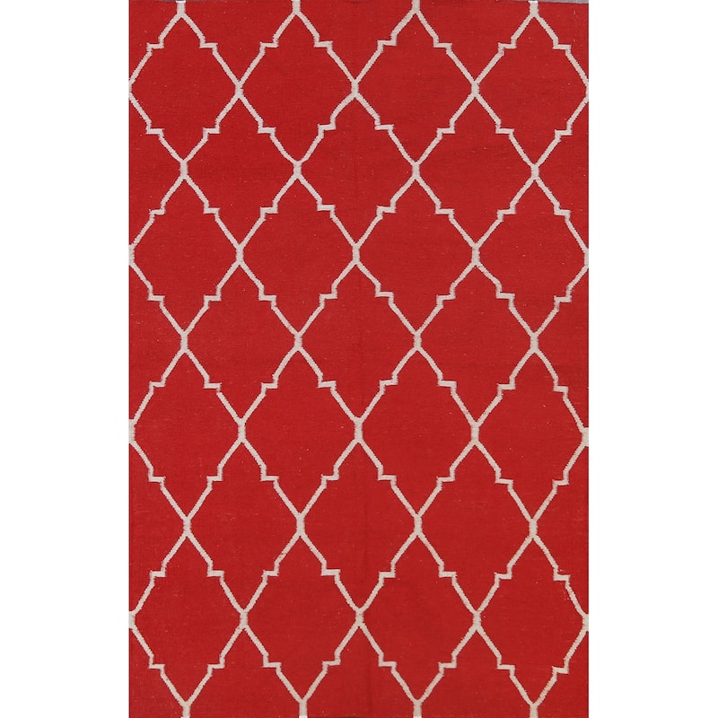 Contemporary Trellis Durrie Kilim Oriental Area Rug Wool Flat-woven - 5'0" x 8'0"
