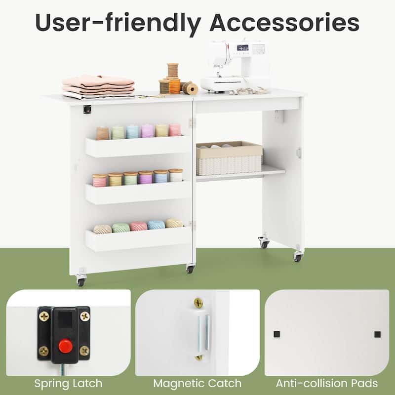 Costway Folding Sewing Machine Table Lockable Casters Rack with 3 - See Details