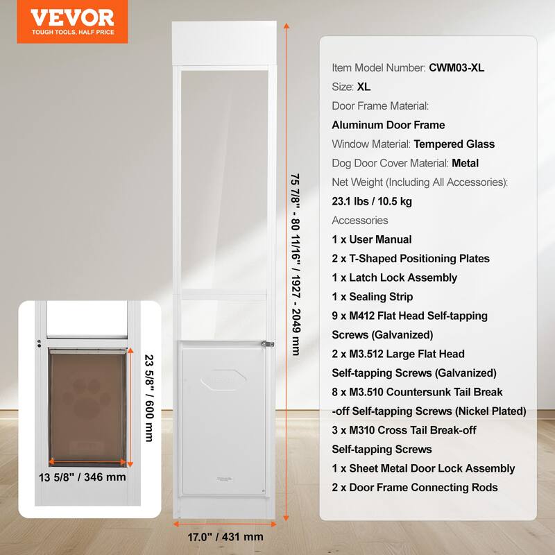 Dog Door for Sliding Glass Door, 75 7/8"-80 11/16" Adjustable Height Doggy Door for Sliding Doors, for Large-Sized Dogs