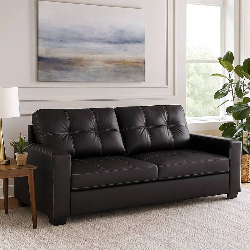 Barl Sofa Sleeper, Queen Size Pull Out Bed, 85 Inch Black Faux Leather