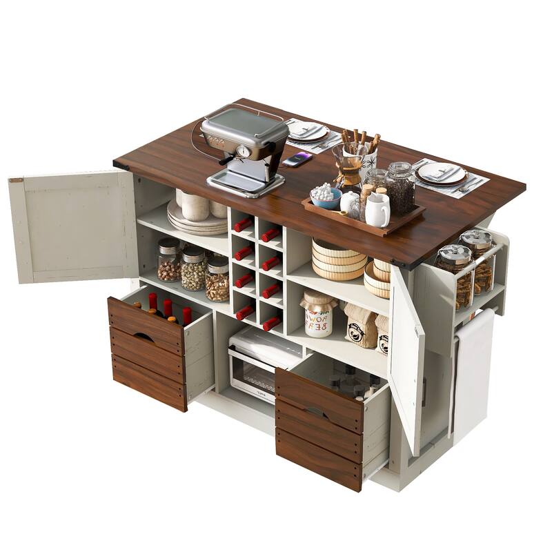 Roomfitters 54" Farmhouse Kitchen Island with Drop Leaf, Power Outlet, Wine Rack, 2 Drawers, 2 Doors