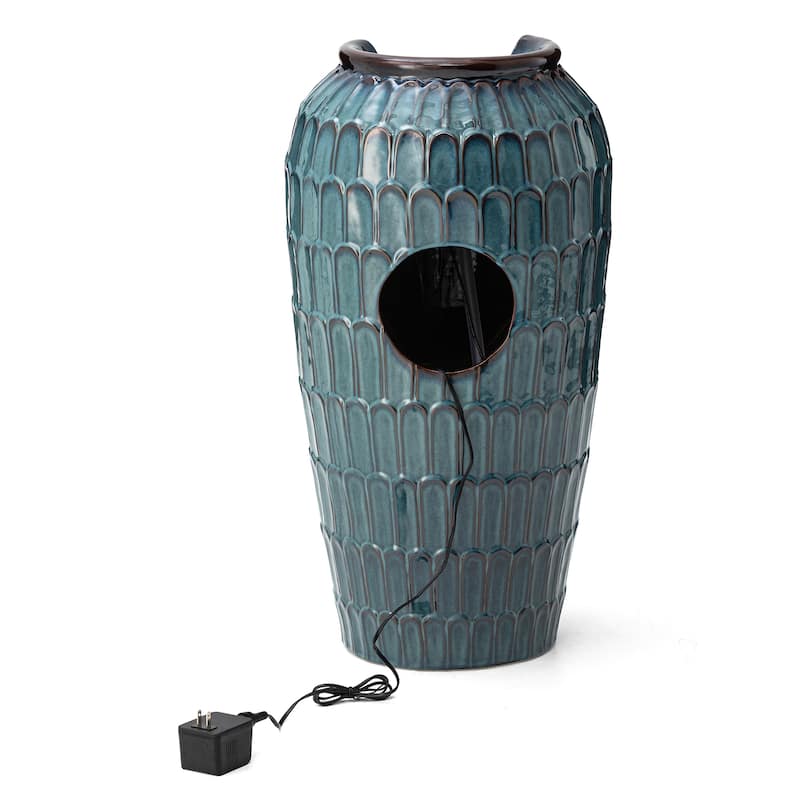 Glitzhome 28"H Oversized Petals Textured Ceramic Jar Outdoor Waterfall Fountain