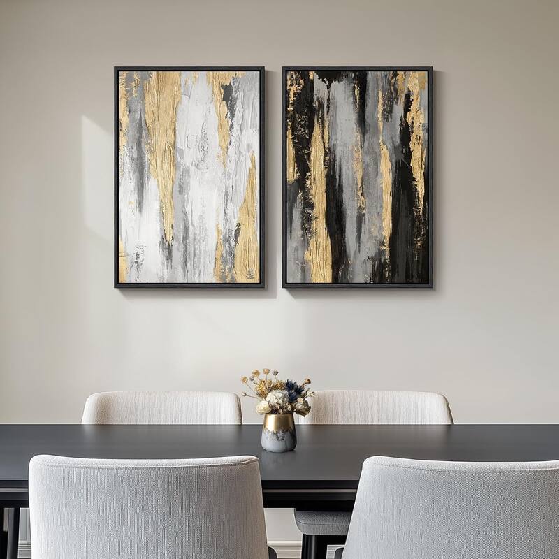 Framed Modern Abstract Wall Art Set, Black White Grey Gold Pictures