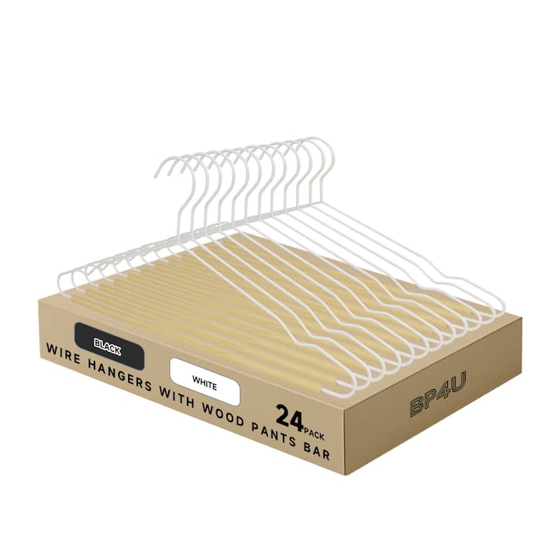 BP4U Heavy Duty Metal Clothes Hangers with Pants Bar, Wire Hangers with Beech Wood Trouser Bar for Sweaters, Jackets, Jeans - 24-Pack - White/Natural