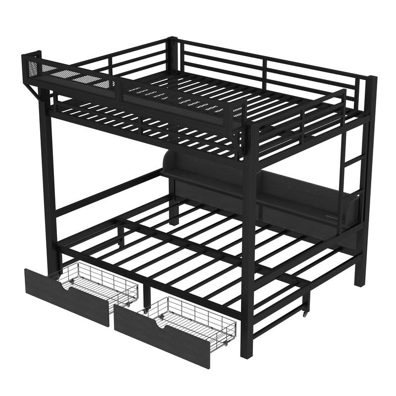 Queen over Queen Bunk Bed Frame with USB Ports, LED Lights, Storage Shelves and Drawers, Lower Bed Converted into Sofa