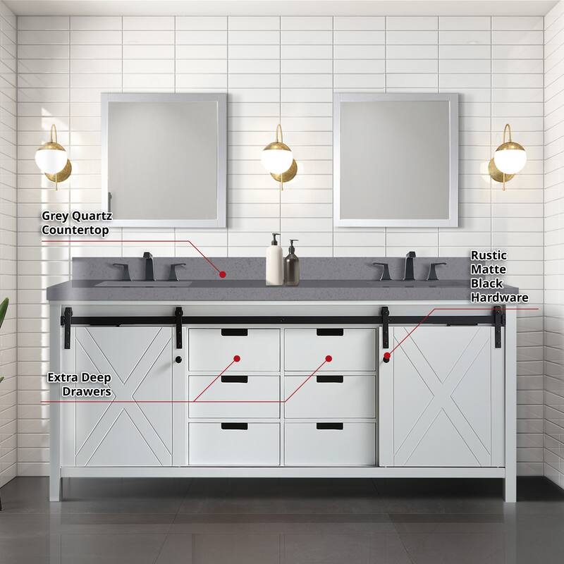 Marsyas 80 in W x 22 in D White Double Bath Vanity, Grey Quartz Countertop, Faucet Set and 30 in Mirrors