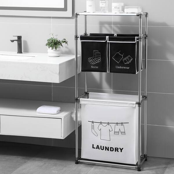 Black White Standing Dirty Clothes Hamper Laundry Basket Organizing 3