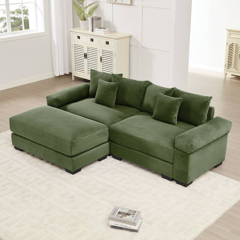 GDFStudio - Corduroy 2-Seater 92" Cloud Modular Sectional Couch with Ottoman - Green