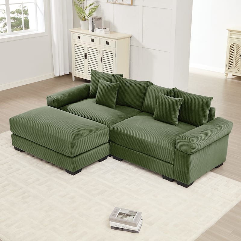 Roomfitters 82.6"/92" Modular L-Shape Sectional, Corduroy Cloud Couch with Ottoman & 6 Pillows