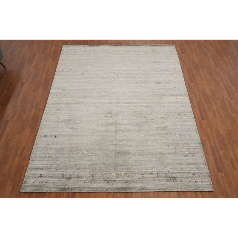 Hand Knotted Oriental Viscose Silk Carpet Tribal Animal Pictorial Greys & Charcoal Gabbeh Area Rug - 11' 11'' X 8' 11''