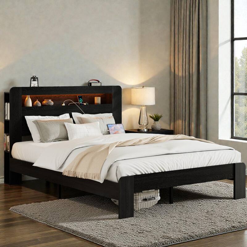 Wood Platform Bed Frame with LED Storage Headboard, USB Charging Ports, Noise-Free Design & Large Underbed Storage - Black - Queen